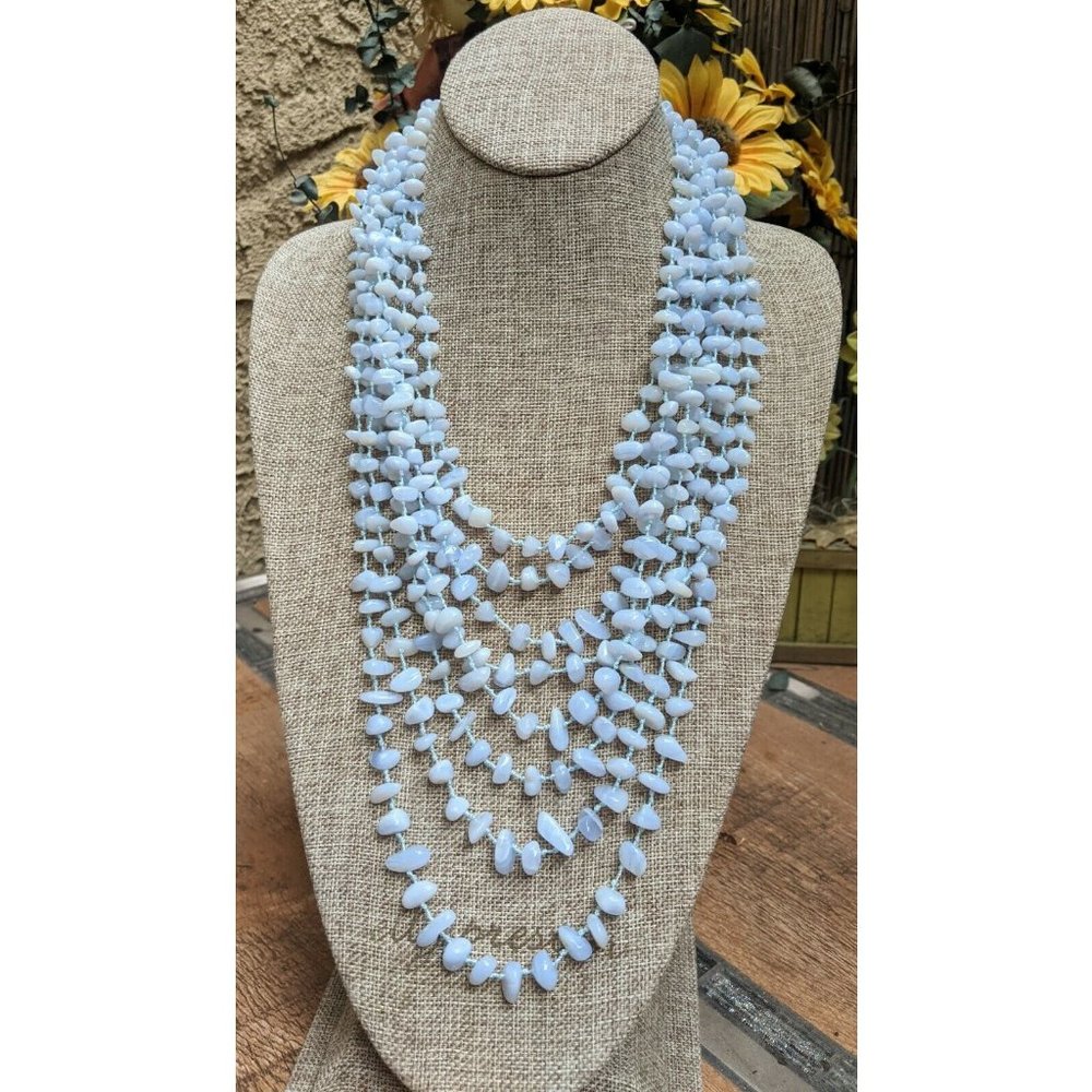 Signed SR 925 Blue Lace Agate Stone Chip Multi Strand Beaded Toggle Necklace